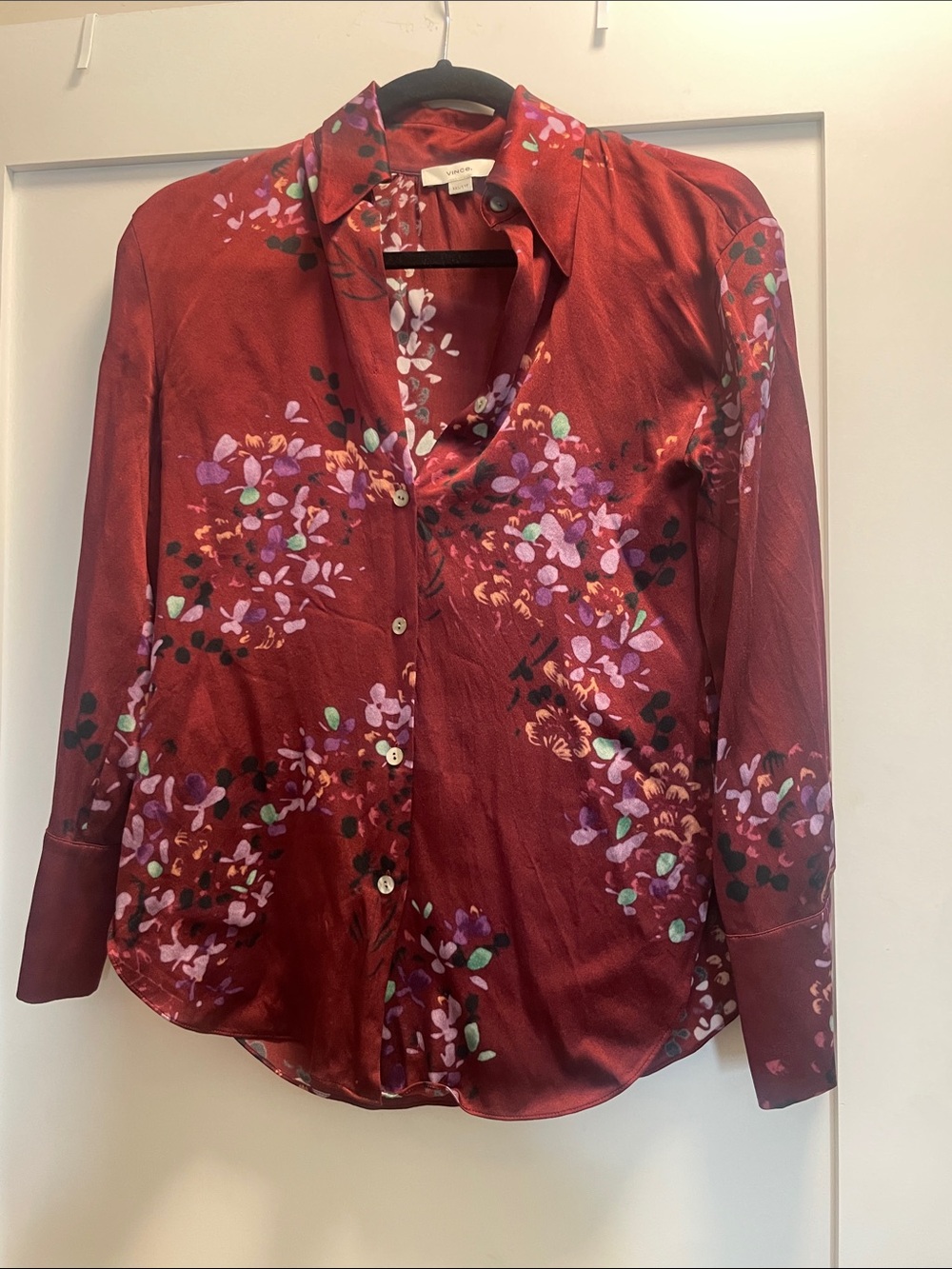 Vince Burgundy Floral Silk Button-Down Blouse